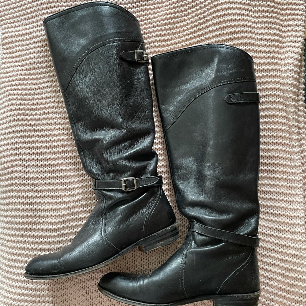 Frye Dorando Tall Riding Boots Black Flat Buckles